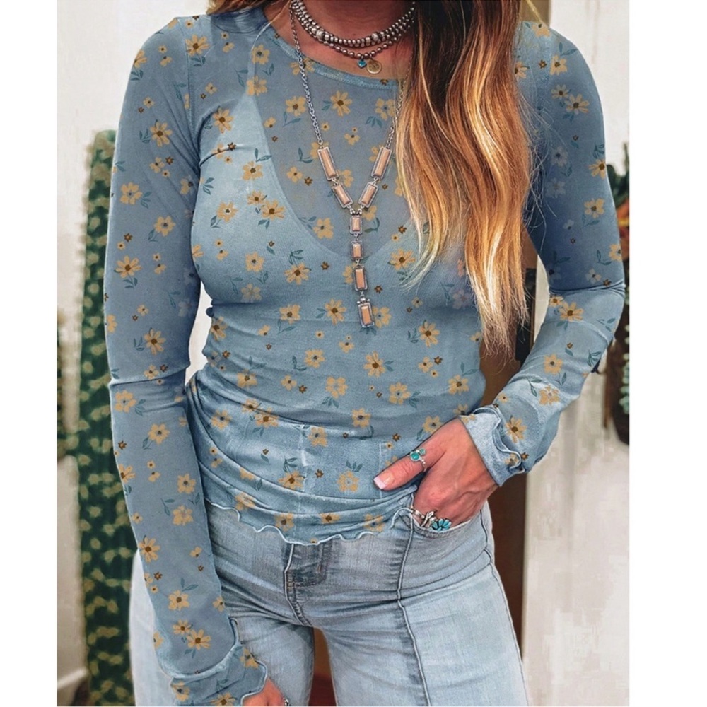 Boho Blue Floral Print Semi Sheer Top S M L XL
